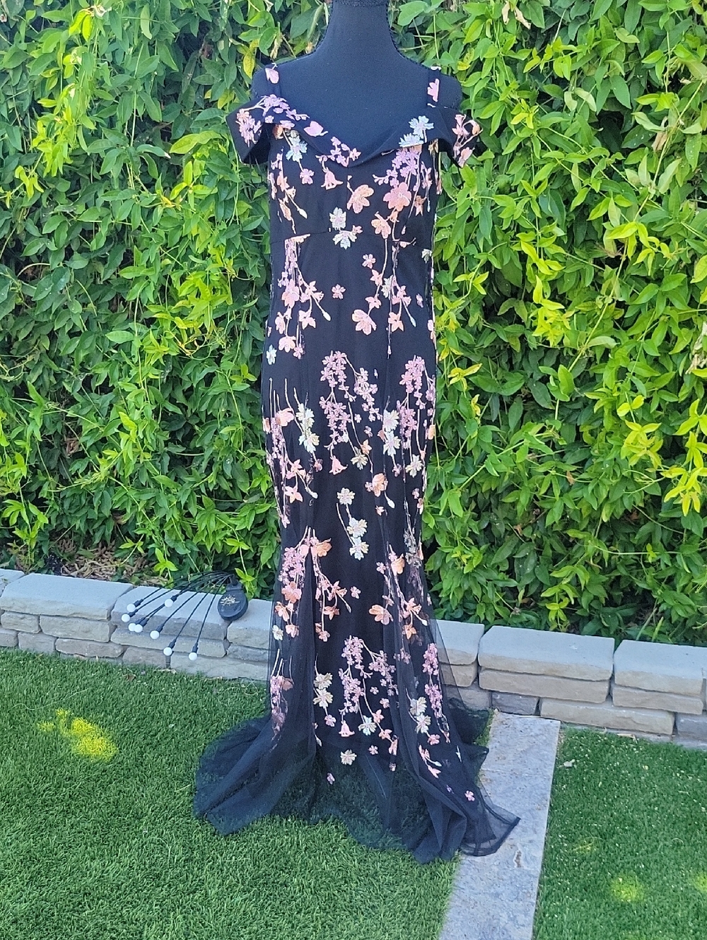 R&M Richards Black Maxi Dress with Pink Floral Embroidery
